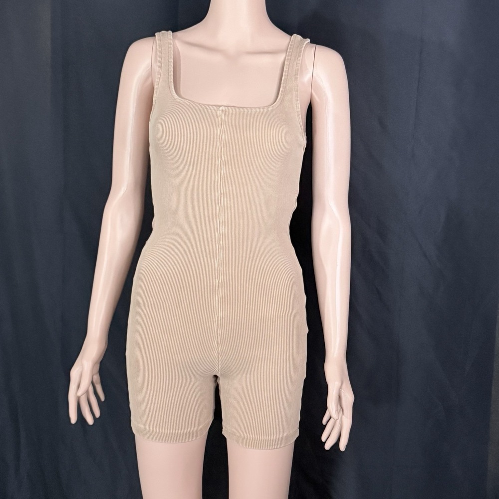 Zara Beige Ribbed-Knit Short Sleeveless Jumpsuit Activewear Romper Sz S